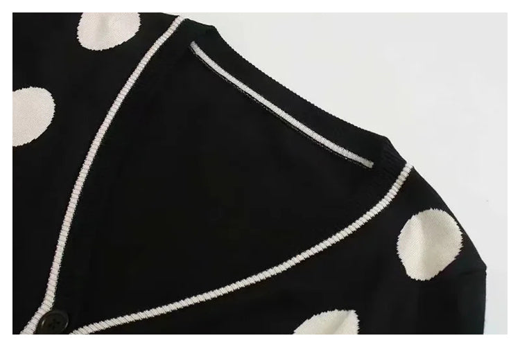 Vintage dot black and white contrast V-Neck Sweater Cardigan Jacket  7419