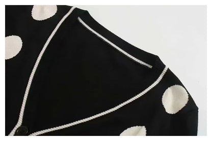 Vintage dot black and white contrast V-Neck Sweater Cardigan Jacket  7419