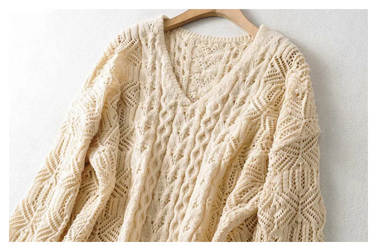 Loose cut-out woven lazy knit top  7370