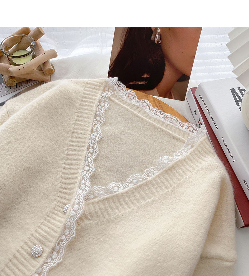Lace edge V-Neck long sleeve design loose short top  6048