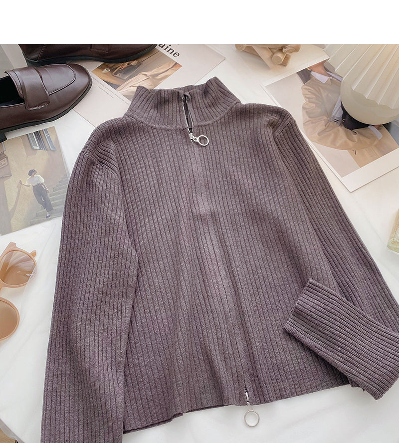 Slim fit short slim design zipper stand collar long sleeve top  6672