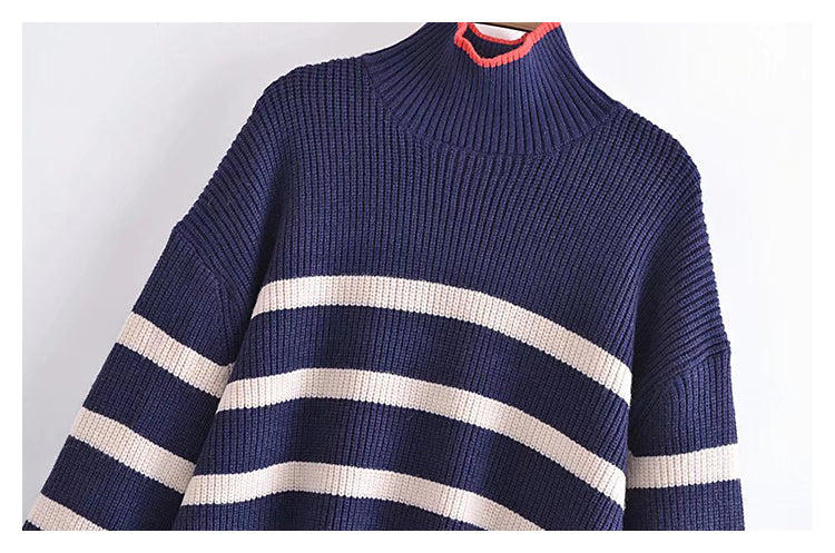 Loose Vintage high neck contrast striped sweater sweater sweater  7347
