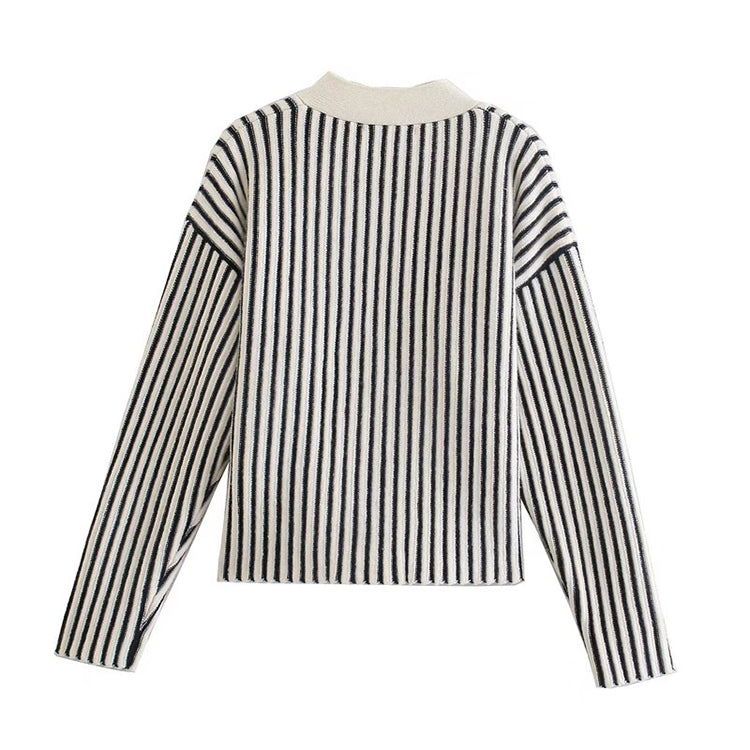 New Vintage V-neck black and white vertical stripe knitted cardigan coat  7487