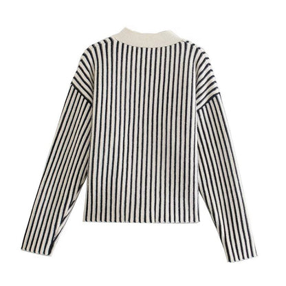 New Vintage V-neck black and white vertical stripe knitted cardigan coat  7487
