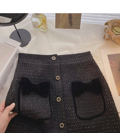Bow high waist single breasted Plaid A-line skirt  5622
