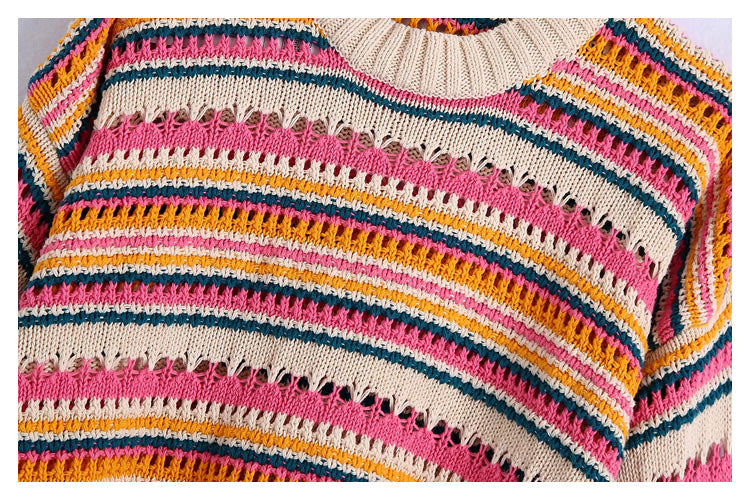 Hollow out color stripe round neck sweater  7255