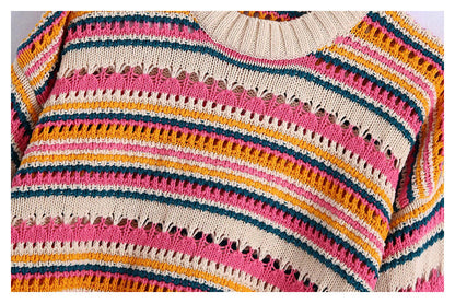 Hollow out color stripe round neck sweater  7255