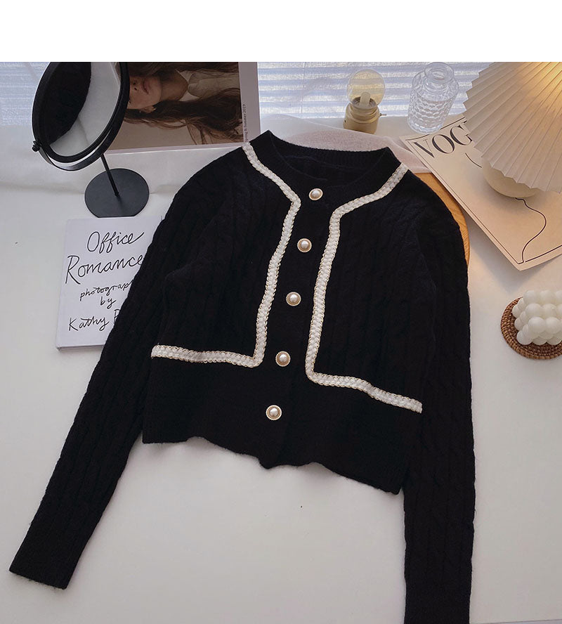 Vintage pearl buckle design sense hemp short long sleeve top  5856