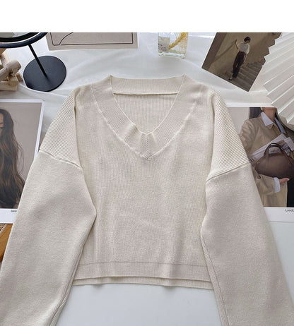 Lazy knit sweater solid V-neck Pullover Top  6677