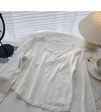 Sweater casual thin long sleeve temperament short design top  6536