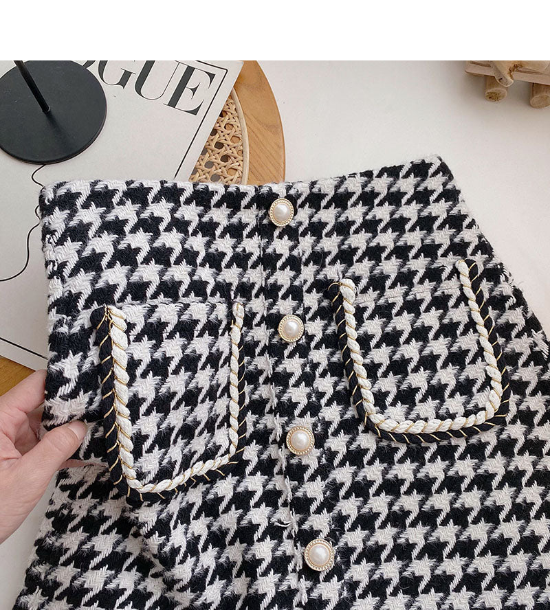 Pearl button small fragrance wind high waist thousand bird grid A-shaped skirt  5571