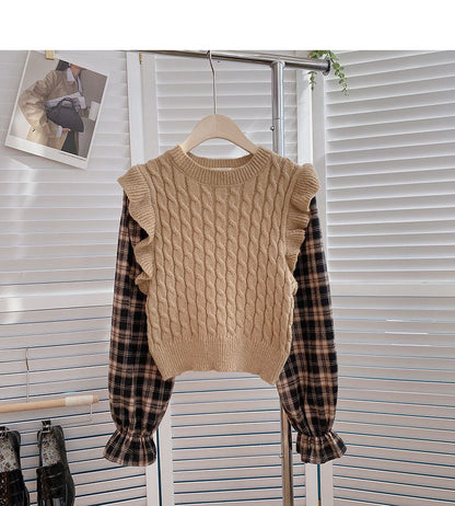 Vintage Linen knitted Plaid long sleeve sweater  6141