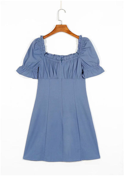 New style square neck waist fold Hepburn style bubble sleeve skirt  7075