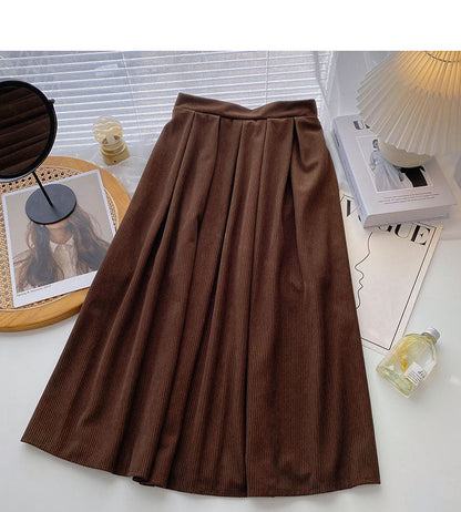 Simple high waist corduroy A-shaped medium length skirt  5784