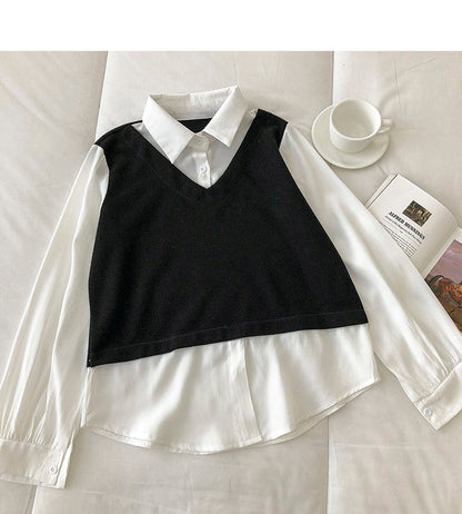 Design sense stitching fake two thin sweaters  6450