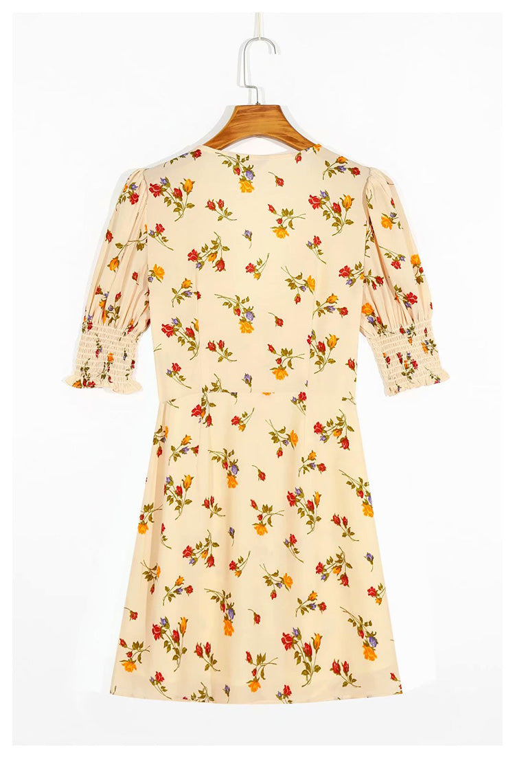 French minority V-neck retro fresh floral dress  7037