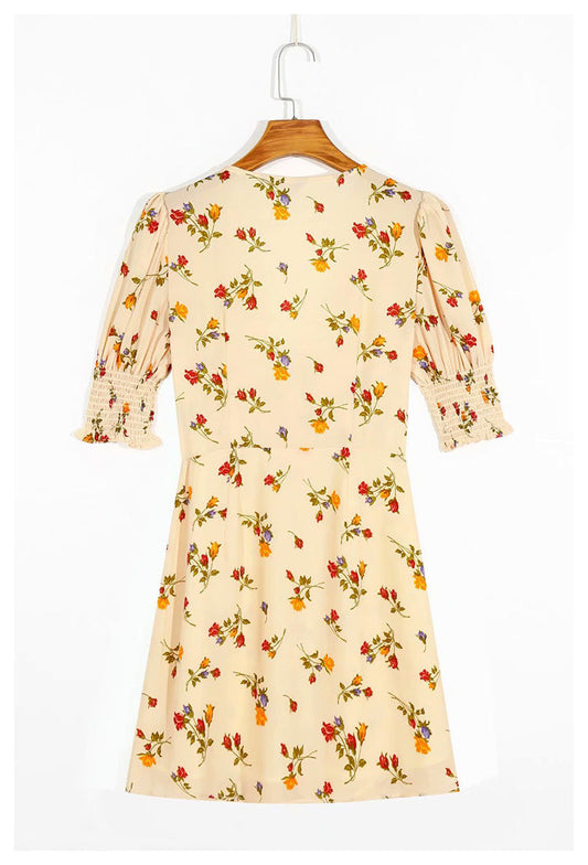 French minority V-neck retro fresh floral dress  7037