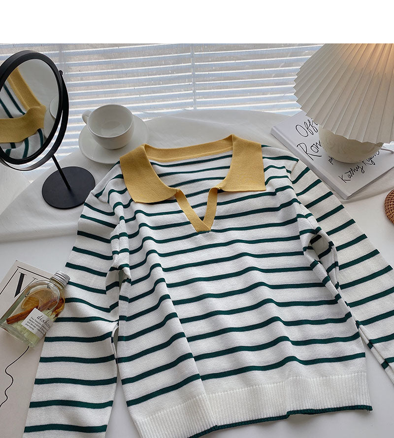 Long sleeve loose stripe Lapel Pullover Top  6452