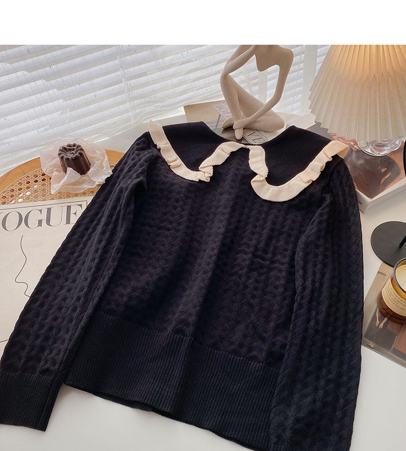 Sweet contrast lace doll Neck Long Sleeve Top  6113