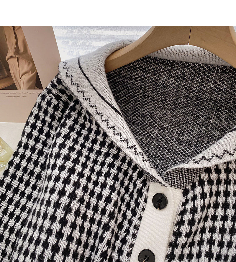 Plaid Navy neck Vintage knit cardigan  5924