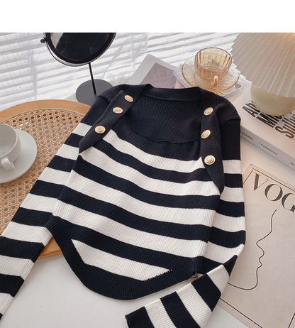 Striped square neck T-shirt thin long sleeve top  6489