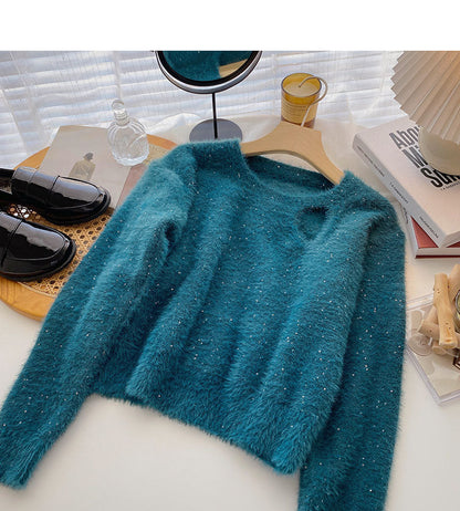 Fashionable retro Sequin cut-out crew neck pullover with niche design  6014