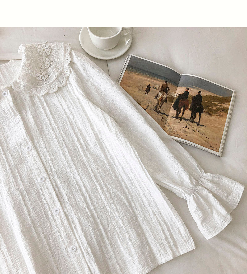 Female Crocheted hollow out baby collar breasted cotton linen shirt  6250