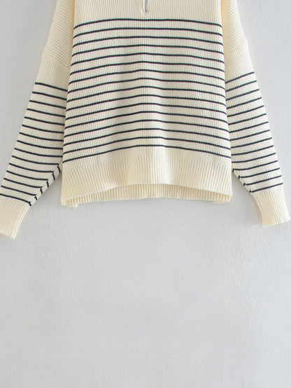 Versatile loose lazy high neck striped sweater  7343