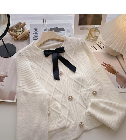 Round neck Vintage bow sweater coat  6195