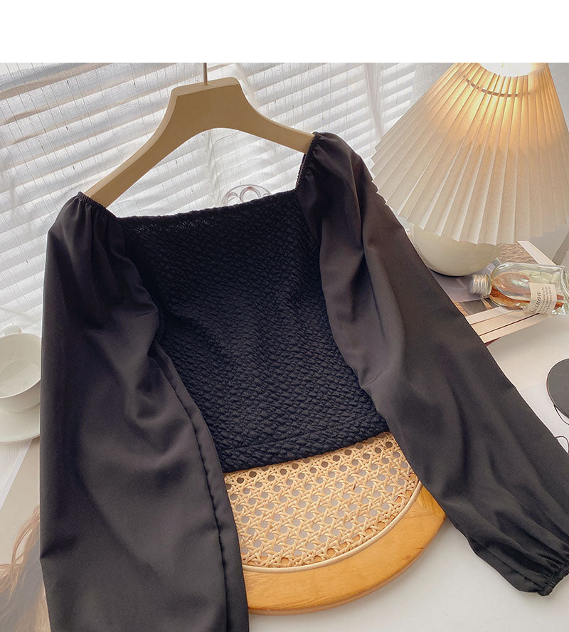 Korean minority design French short square neck long sleeve top  6328