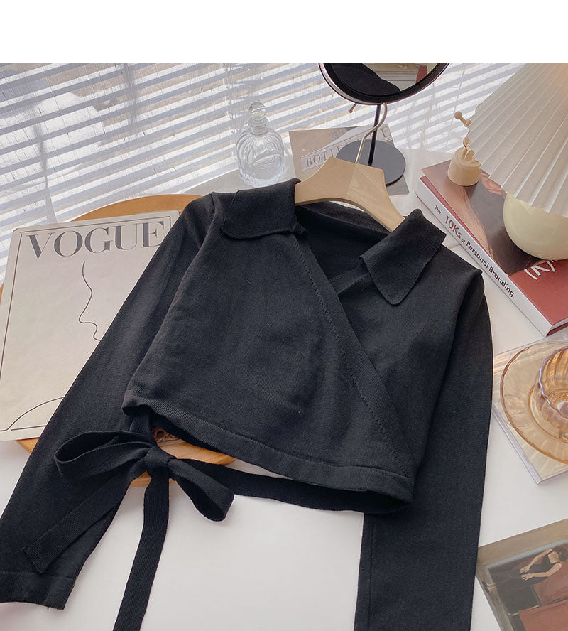 Niche design cross Lapel strap short sweater  6617