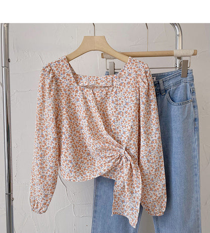 French Square Neck Long Sleeve Shirt shows thin and fashionable top  6437