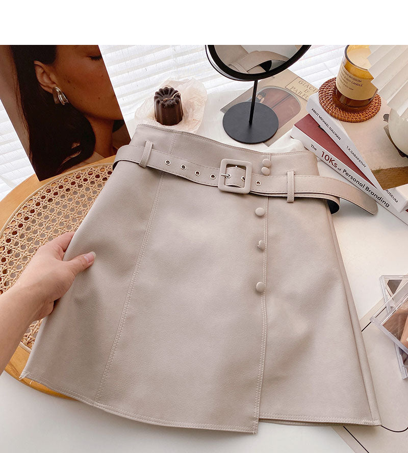 Korean fashion irregular button high waist thin wrap hip leather skirt  5532