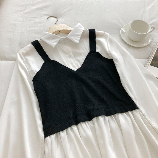 Women's black suspender stitched with white fake two-piece shirt  6247