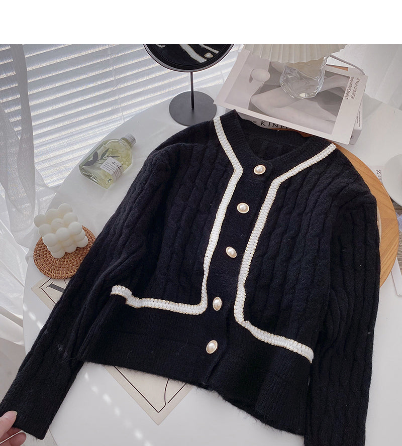 Korean pearl button round neck retro stitching short top  5909