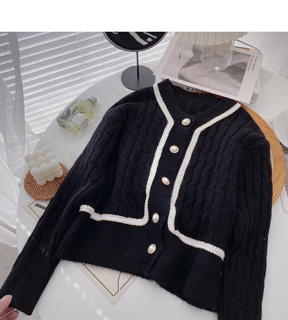 Korean pearl button round neck retro stitching short top  5909