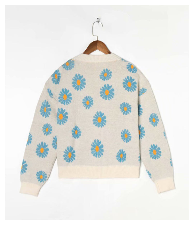 Printed V-neck knitted cardigan women's Retro lazy sweater coat  7277