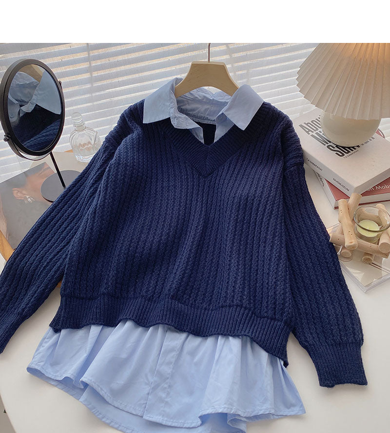 Vintage shirt stitched sweater fake two women  6001