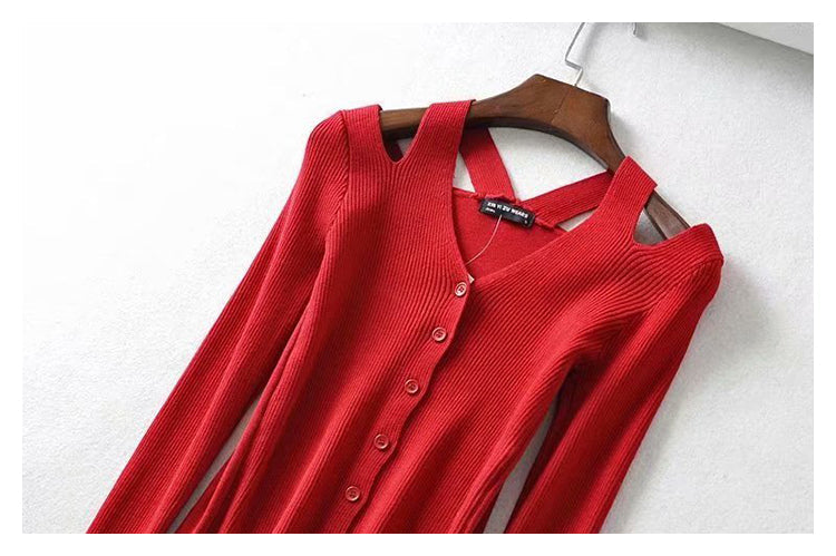 Versatile leaky shoulder V Neck Long Sleeve Sweater Cardigan top  7273