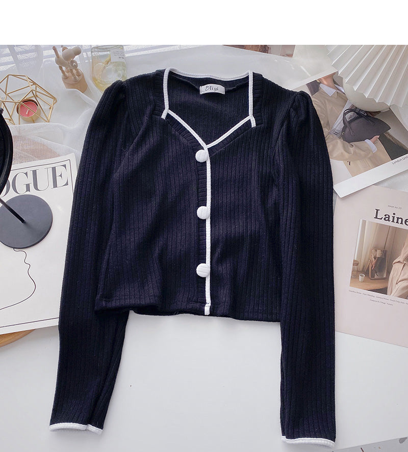 French small square neck sweater long sleeve color matching top  6695