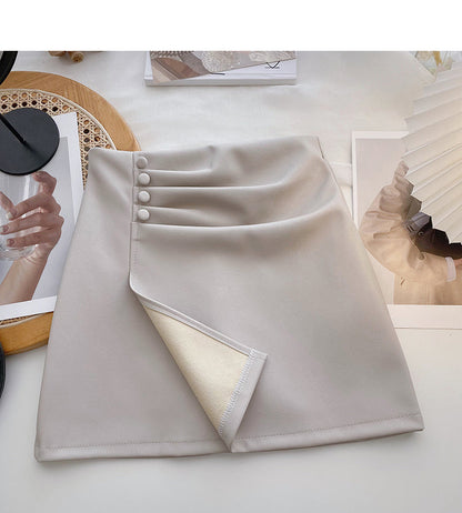 Solid color pleated PU leather short skirt for women is thin and versatile  5587