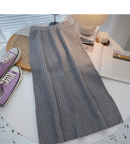 Simple solid color high waist knitted thread A-line skirt  5750