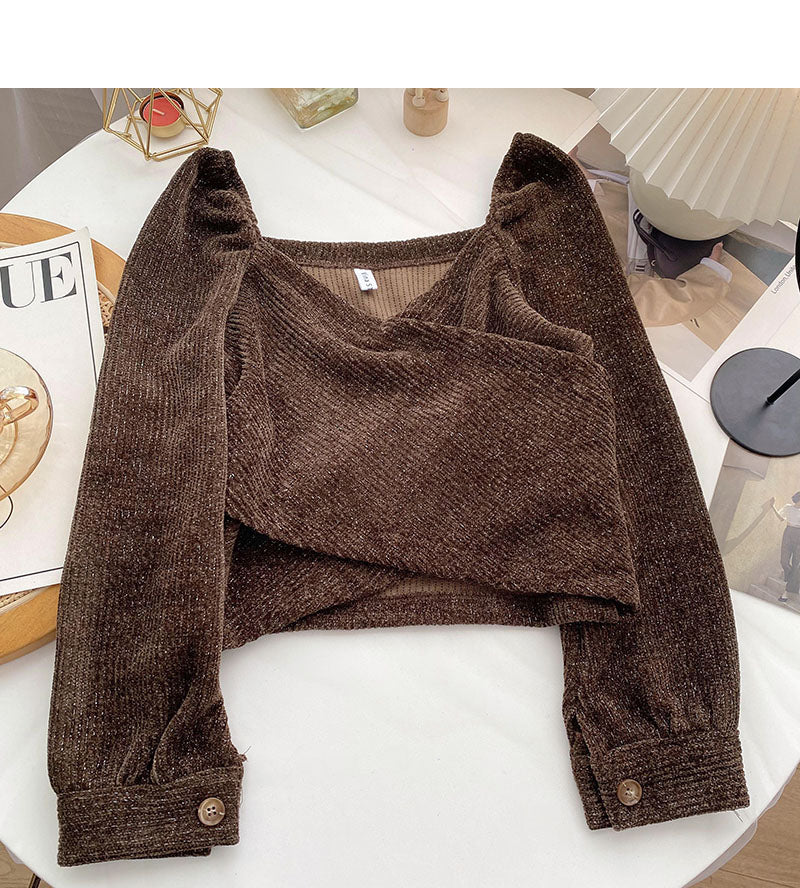 Korean irregular cross short slim long sleeve collarbone leakage top  6345