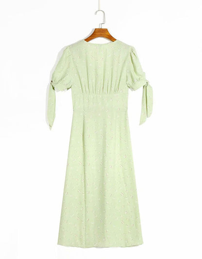 V-neck single breasted slim fit green floral bow cuffs long women's dress  7062