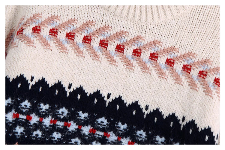 Lazy jacquard loose knit stitched Vintage sweater  7490