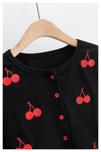 French Vintage Cherry embroidered single breasted short sweater  7426