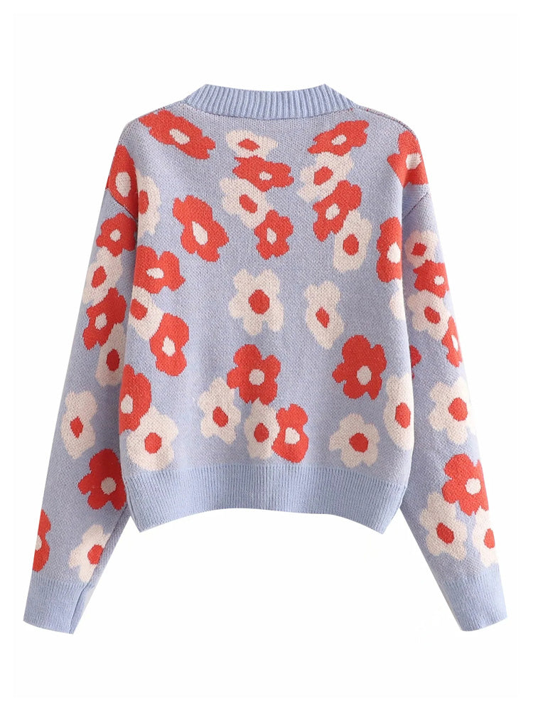 V-neck button flower jacquard loose thin knitted cardigan top  7276