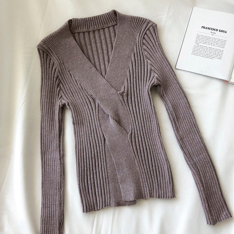 V-neck slim long sleeve slim fit net red pit strip sweater women  6501