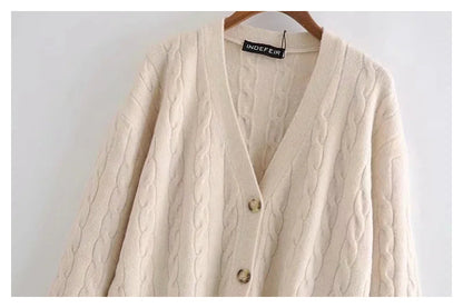 Loose V-neck 8-strand knitted open lined jacket sweater  7192