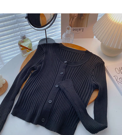 Korean version thin long sleeve round neck versatile thread solid color knitted cardigan  6550